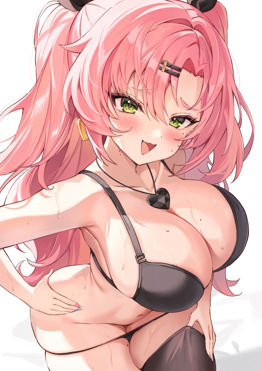 :3 :d bare_shoulders big_breasts bikini black_bikini black_ribbon blush breasts cleavage earrings female from_above green_eyes groin hair_ribbon heart heart_earrings highres jewelry large_breasts long_hair looking_at_viewer mole mole_on_breast mole_on_thigh mole_under_eye nail_polish navel nicole_demara open_mouth painted_nails pine_(angel4195202) pink_hair ribbon simple_background smile solo stomach swimsuit thighs white_background zenless_zone_zero