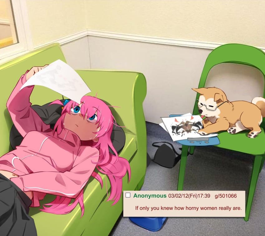 1animal 1dog 1girls 2025 4chan anime blue_eyes bocchi_the_rock! bra bra_on_floor canine comedic comedy couch funny gotou_hitori hand_under_clothes hitori_bocchi implied_masturbation jacket khyleri masturbation meme pink_hair psychiatrist rorschach_test shiba_inu skirt sweat wide_eyed