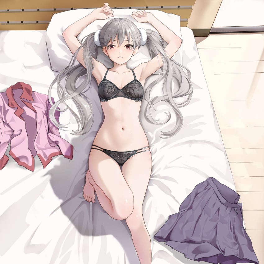 armpits arms_up ass_visible_through_thighs bare_arms bare_belly bare_legs bare_shoulders bare_thighs barefoot bed bed_sheet belly_button black_bra black_panties blush body_blush bra breasts brown_eyes cleavage collarbone feet gibun_(sozoshu) grey_hair lace-trimmed_bra lace-trimmed_panties long_hair lying monogatari_(series) oikura_sodachi one_knee_up panties parted_lips small_breasts thigh_gap thighs toes twintails underwear unworn_shirt unworn_skirt