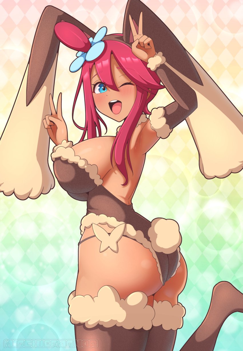 ;d artist_name ass backless_outfit big_breasts blue_eyes blush breasts bunny_ears bunny_tail bunnysuit clothed cosplay creatures_(company) detached_sleeves fur_trim game_freak generation_4_pokemon gym_leader hair_ornament hi_res hourglass_figure leotard looking_at_viewer looking_back lopunny lopunny_(cosplay) mizmillificent narrow_waist nintendo one_eye_closed open_mouth pokemon pokemon_bw red_hair short_hair_with_long_locks sideboob sidelocks skyla_(pokemon) smile thighhighs topknot v voluptuous voluptuous_female wink