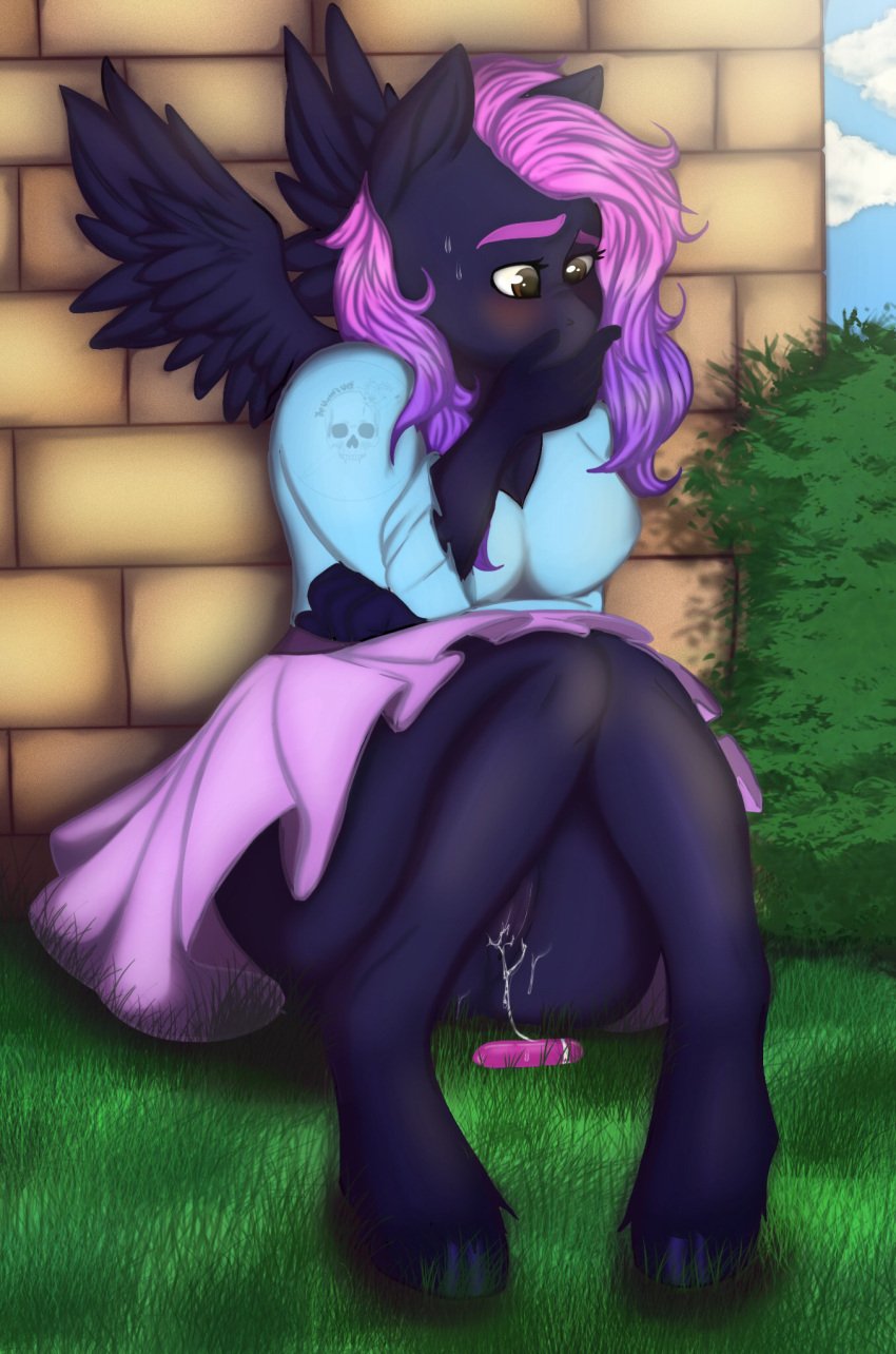 anthro asymmetrical_hair black_wings bodily_fluids bottomwear brick_wall bush bushes clothed clothing covering_mouth equid equine exposed_pussy fan_character female female_focus female_only friendship_is_magic grass hand_on_mouth hasbro hi_res hiding hooves horse mammal my_little_pony no_underwear outdoors pink_hair public public_nudity pussy sex_toy side_shave sitting skirt snout solo solo_female sweat theshadowsshelf upskirt vibrator wall wet wet_pussy wings