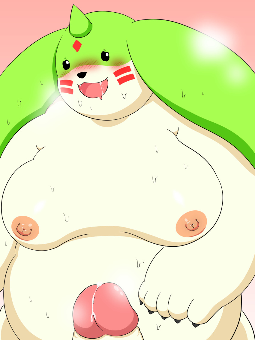 2024 anthro bandai_namco belly big_belly blush bodily_fluids digimon digimon_(species) erection gargomon genitals hi_res kemono male mammal moobs nipples overweight overweight_male penis simple_background solo sweat tukiguma761