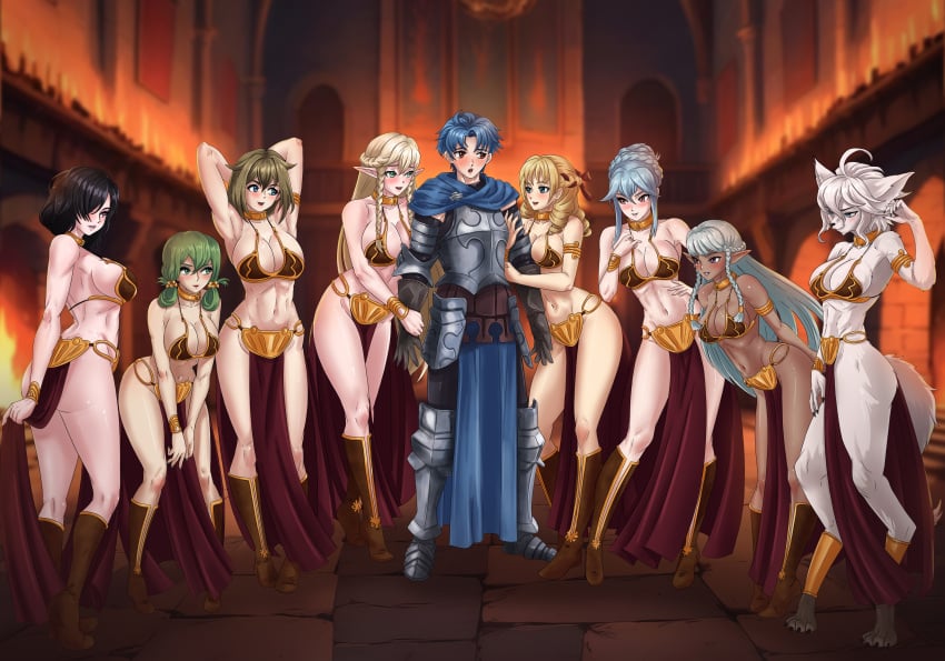 alain_(unicorn_overlord) amenoosa anthro arms_behind_head ass_focus berengaria_(unicorn_overlord) big_breasts black_hair blue_hair braided_hair brown_hair brown_skinned_female chloe_(unicorn_overlord) dinah_(unicorn_overlord) elf_ears elf_girl eltolinde_(unicorn_overlord) fluffy_tail green_hair hair_covering_eye half-dressed harem harem_girl harem_outfit hugging_arm long_hair looking_over_shoulder multiple_girls one_boy pressing_breast_on_partner rosalinde_(unicorn_overlord) scarlett_(unicorn_overlord) short_hair slave_bikini slave_collar slave_leia_(cosplay) slave_outfit slavegirl thick_legs thick_thighs twintails unicorn_overlord virginia_(unicorn_overlord) white_fur wolf_girl yahna_(unicorn_overlord)