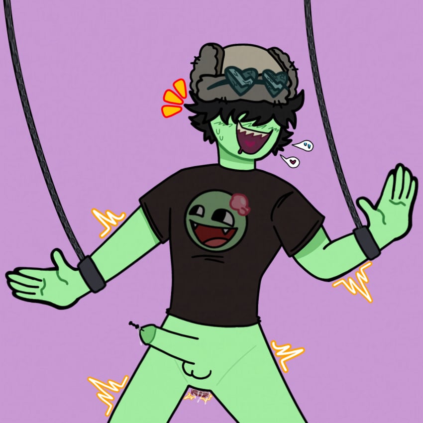 enjoying green_skin heart_glasses leaking_cum male male_only no_eyes over_stimulation overstimulated overstimulation restrained restrained_arms restraints skinny tomatime toony vibrator zombie