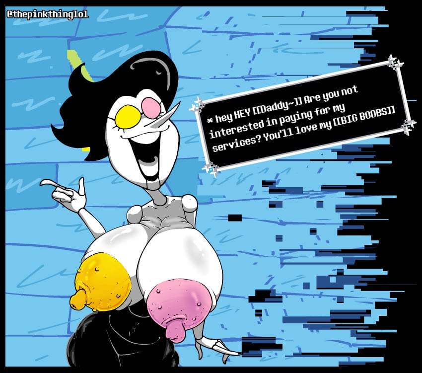 background big_ass big_breasts deltarune deltarune_chapter_2 female huge_breasts huge_tail rule_63 spamton_g_spamton text text_box thepinkthing thick undertale_(series) virtualgirl whore