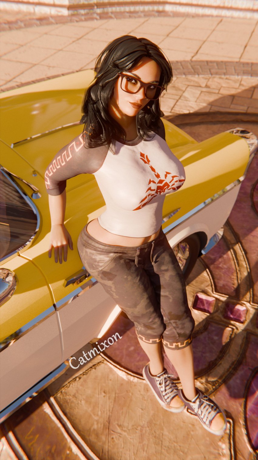 black_hair breasts car catmixon clothed eyewear glasses latina neenah_(saints_row) outdoors saints_row saints_row_(reboot) sneakers solo standing