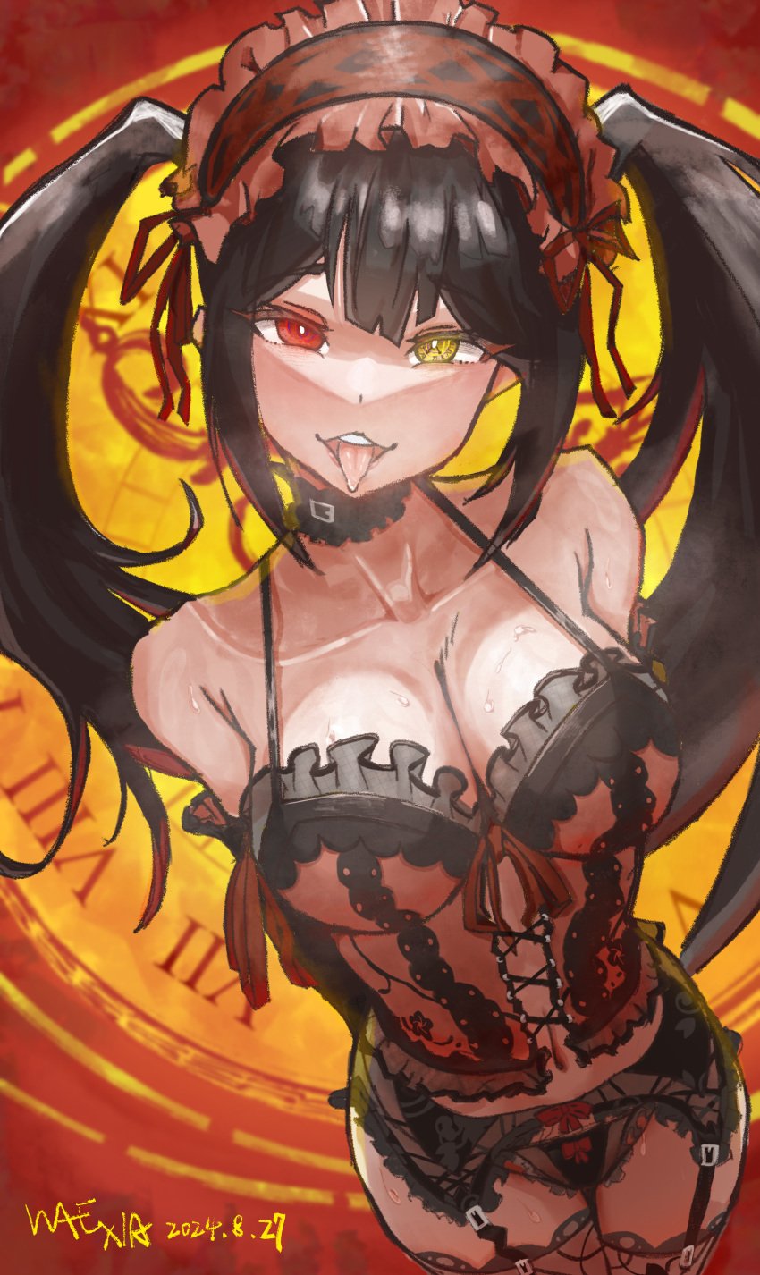 1girls 2d 2d_(artwork) belly black_hair breasts cleavage date_a_live headband heterochromia lewd_face light-skinned_female lingerie long_hair looking_at_viewer lustful_gaze medium_breasts open_mouth red_eyes solo solo_female thighs tokisaki_kurumi tongue_out twintails viewed_from_above