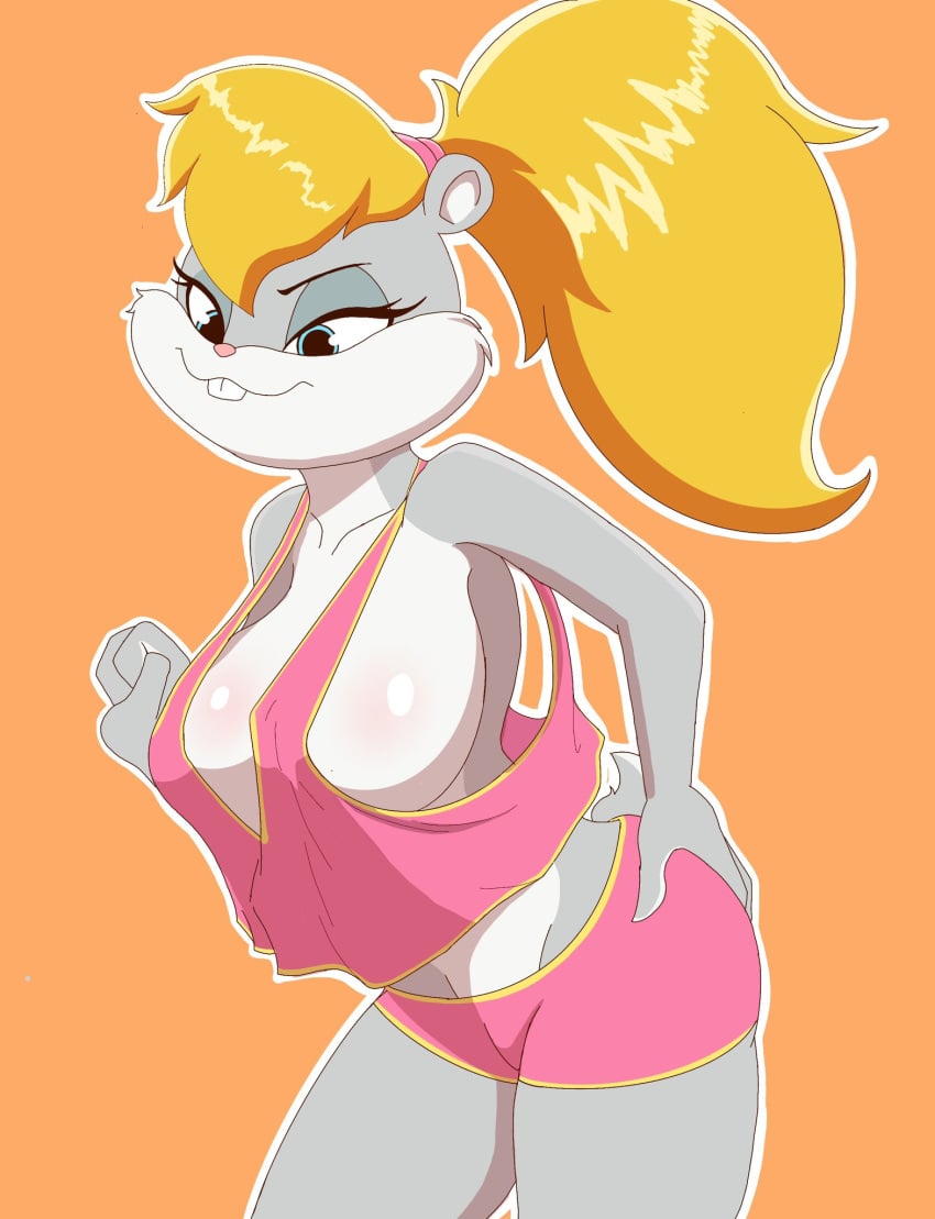 1girl 1girls 2024 2024s 2d 2d_(artwork) 2d_artwork anthro athletic_wear berri big_breasts blonde blonde_female blonde_hair blonde_hair_female blue_eyes blush body_blush breasts buckteeth chipmunk clothing conker&#039;s_bad_fur_day digital_media_(artwork) eyelashes female female_focus female_only fur furry furry_female grey_body grey_fur ground_squirrel hair hand_on_hip hi_res mammal multicolored_body multicolored_fur oversized_clothing pink_nose ponytail rareware rodent sciurid simple_background solo tail teeth white_body white_fur yellow_background zebra10045