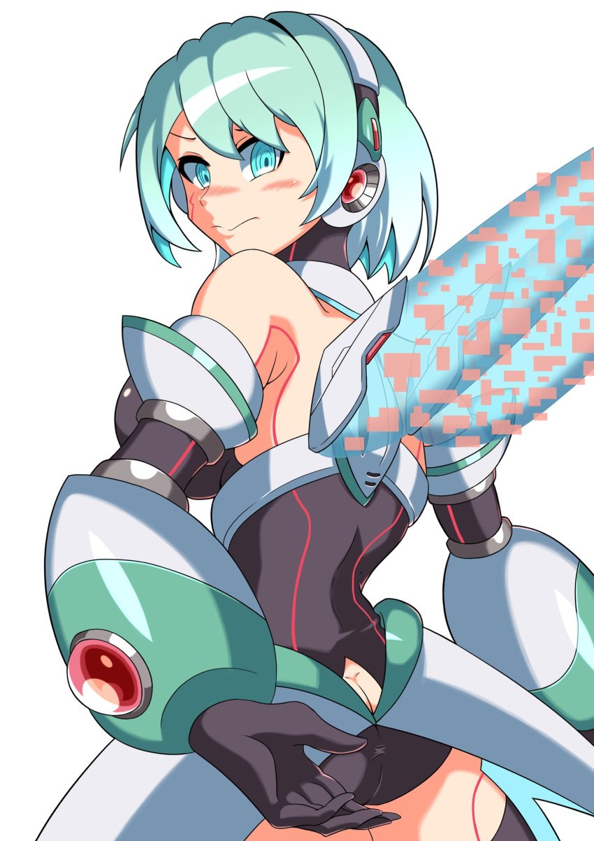 1girls big_ass big_breasts black_gloves blue_eyes blush ico_(mega_man) kotatuman_dash mega_man mega_man_x mega_man_x_dive robot_girl white_background white_hair wings