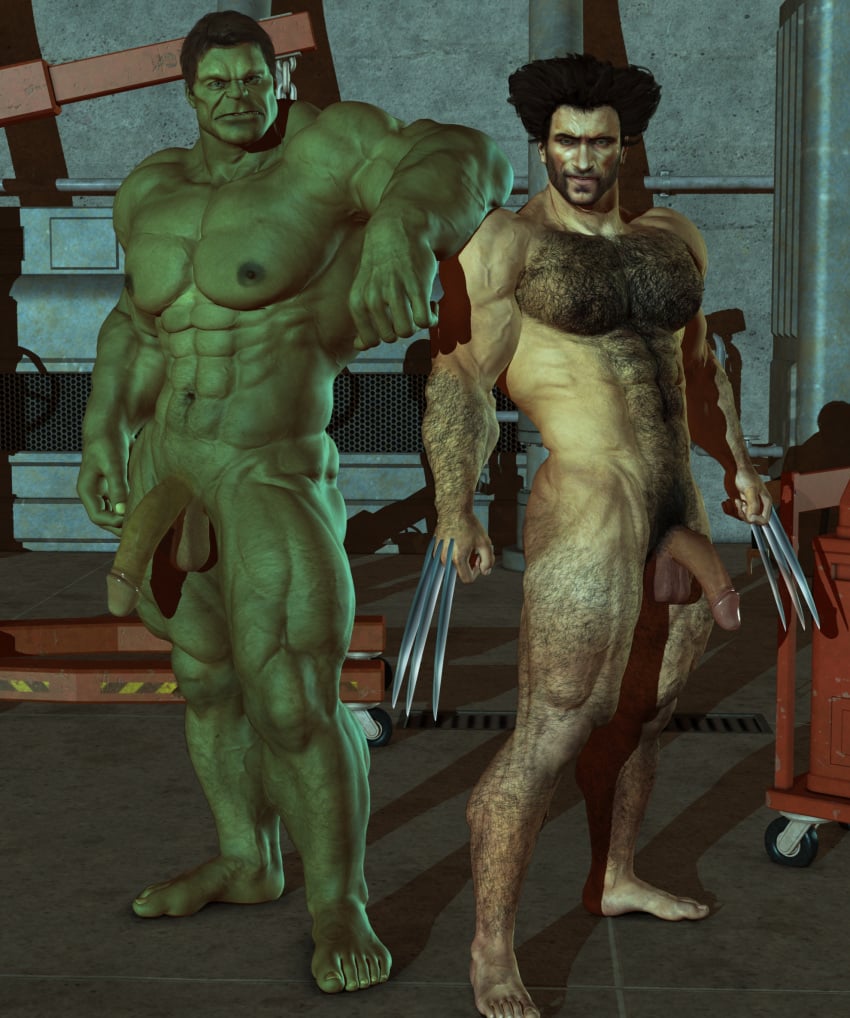 2boys 3d barefoot black_hair body_hair claws erect_nipples feet flaccid gay green-skinned_male green_skin hulk hulk_(series) human james_howlett light-skinned_male light_skin looking_at_viewer male male_only marvel mature multiple_males multiple_penises mutant nude penis_size_difference retractable_claws size_difference standing testicles wolverine_(x-men) x-men yaoi yolco