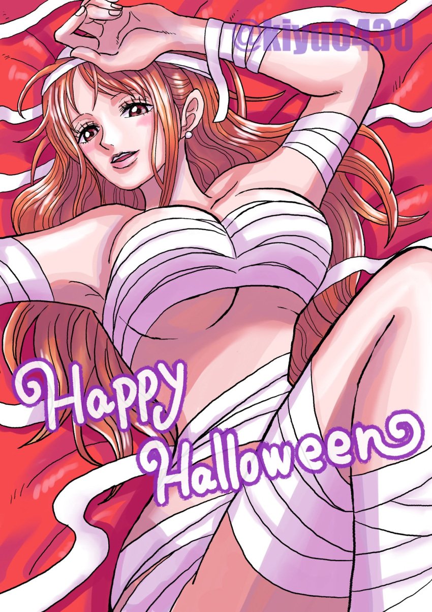 1girls big_breasts breasts busty curvy female female_only halloween halloween_costume kiyu0430 long_hair mummy mummy_costume mummy_wrappings nami on_back one_piece orange_hair pose seductive seductive_look solo wide_hips