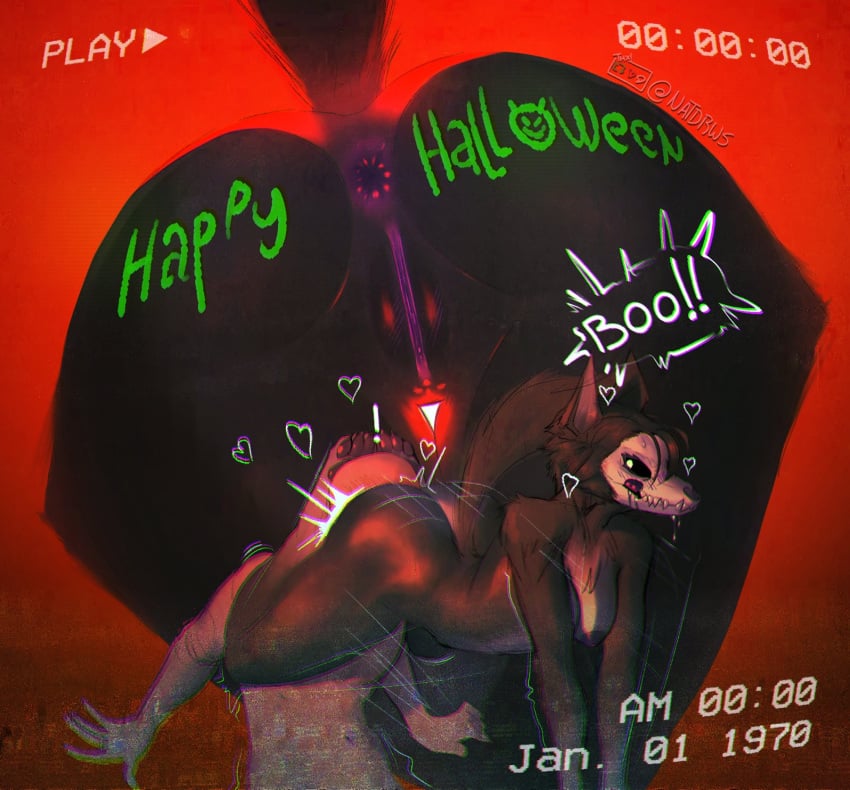 anthro anus ass black_body black_fur black_hair body_writing bone breasts dominant dominant_female duo face_in_ass female female_anthro fur genitals hair halloween happy_halloween heart_symbol hi_res holidays human human_on_anthro interspecies licking licking_lips male male/female male_human malo mammal natdraws nipples nude pussy recording scp-1471-a scp_foundation skull skull_head text_on_butt tongue