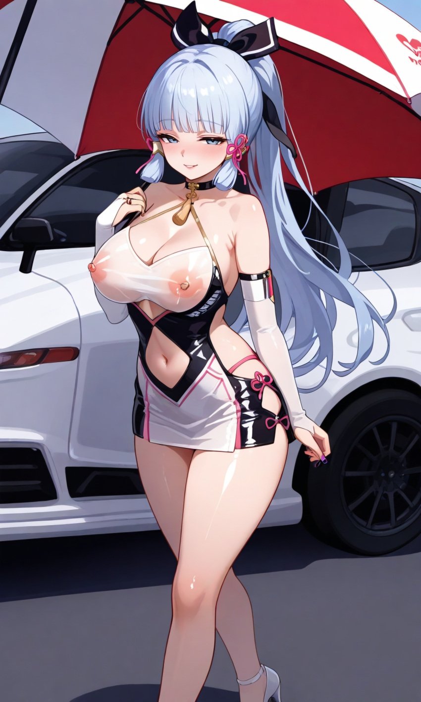 ai_generated big_breasts blue_eyes breasts car dress genshin_impact gloves heels hoyoverse jewelry kamisato_ayaka light_blue_hair long_hair nipples outcyli731 race_queen see_through slutty_outfit stable_diffusion thick_thighs