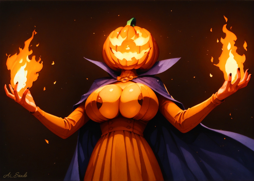 ai_generated big_breasts black_nails breasts cape cleavage cloak colored_skin deep_cleavage dress fire halloween jack-o'-lantern large_breasts magic orange_skin pumpkin_head simple_background yellow_eyes