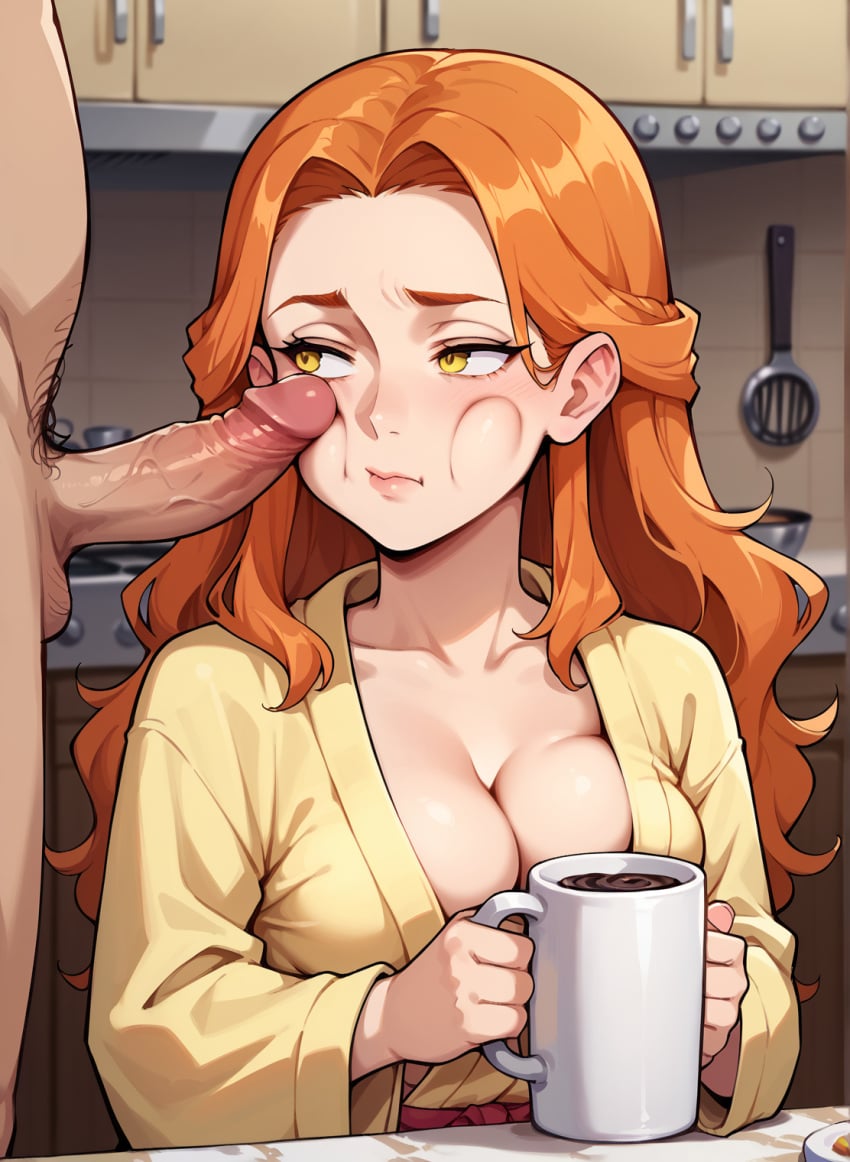 1boy 1girls ai_generated coffee holding_object indoors orange_hair penis penis_on_face tokyo_revengers yuzuha_shiba