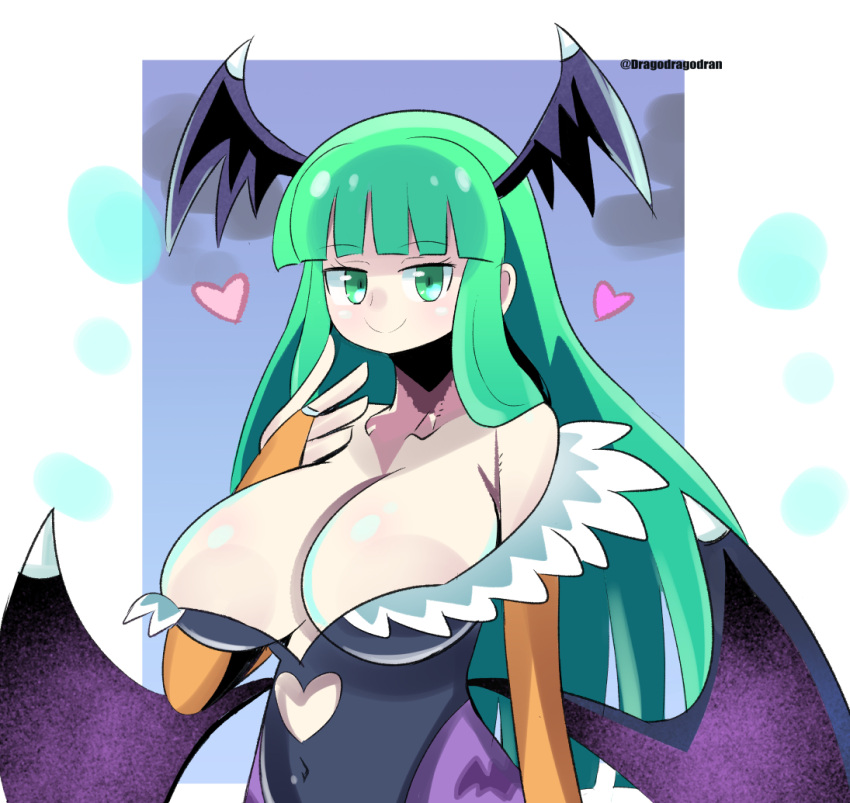 aqua_eyes aqua_hair big_breasts breasts capcom cleavage darkstalkers dorago_dorago dragodragodran female huge_breasts large_breasts long_hair looking_at_viewer milf morrigan_aensland skimpy_clothes smile solo succubus tagme wings