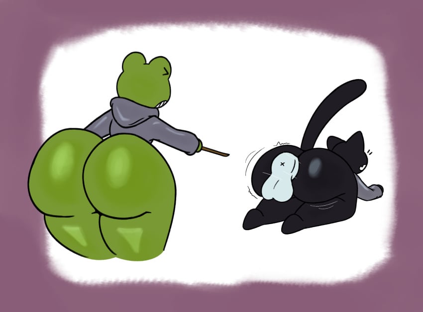 ambiguous_penetration amphibian angry anthro ass big_breasts big_butt black_body bottomless breasts closed_eyes clothed clothing digital_media_(artwork) disembodied_penis domestic_cat duo felid feline felis female female_penetrated frog froggy_(google) from_behind_position genitals google google_doodle green_body halloween hi_res holidays huge_breasts huge_butt magic magic_cat_academy male mammal momo_(google) obsuniq partially_clothed penetration penis robe sex simple_background thick_thighs wide_hips