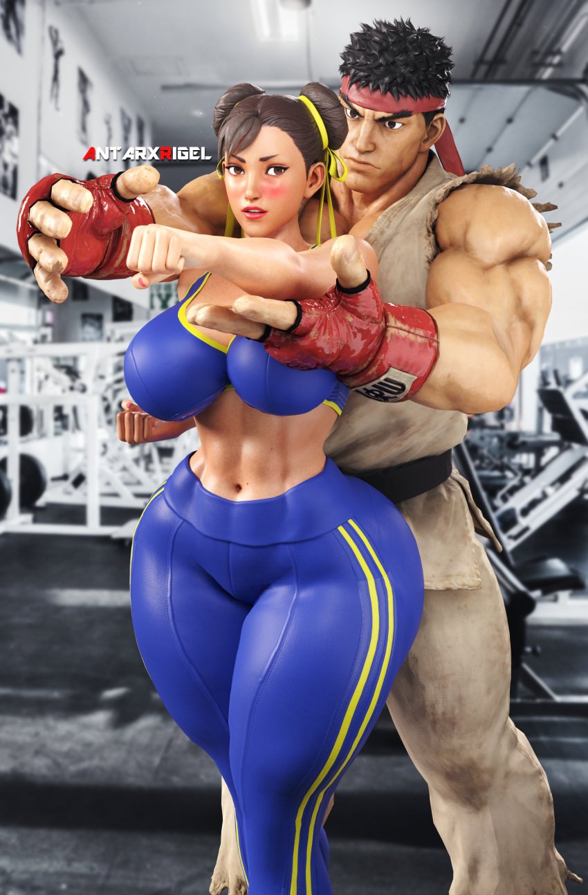 3d antarxrigel asian asian_female blush brown_hair capcom chun-li huge_ass ryu_(street_fighter) straight street_fighter thick_thighs wide_hips