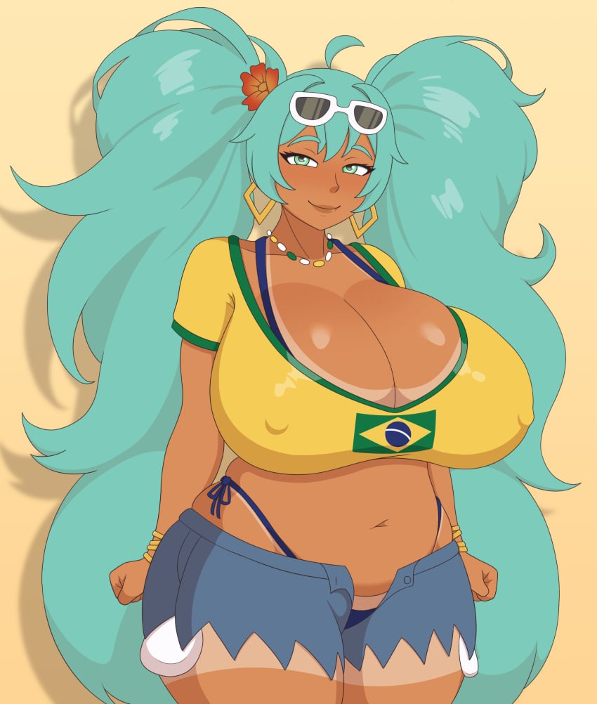 aqua_eyes aqua_hair bbw big_ass big_breasts bikini brazilian brazilian_female brazilian_flag brazilian_miku chubby dark_skin dominant_female fat gaze huge_ass huge_breasts lips milf mommy plump sunglasses vanilireph