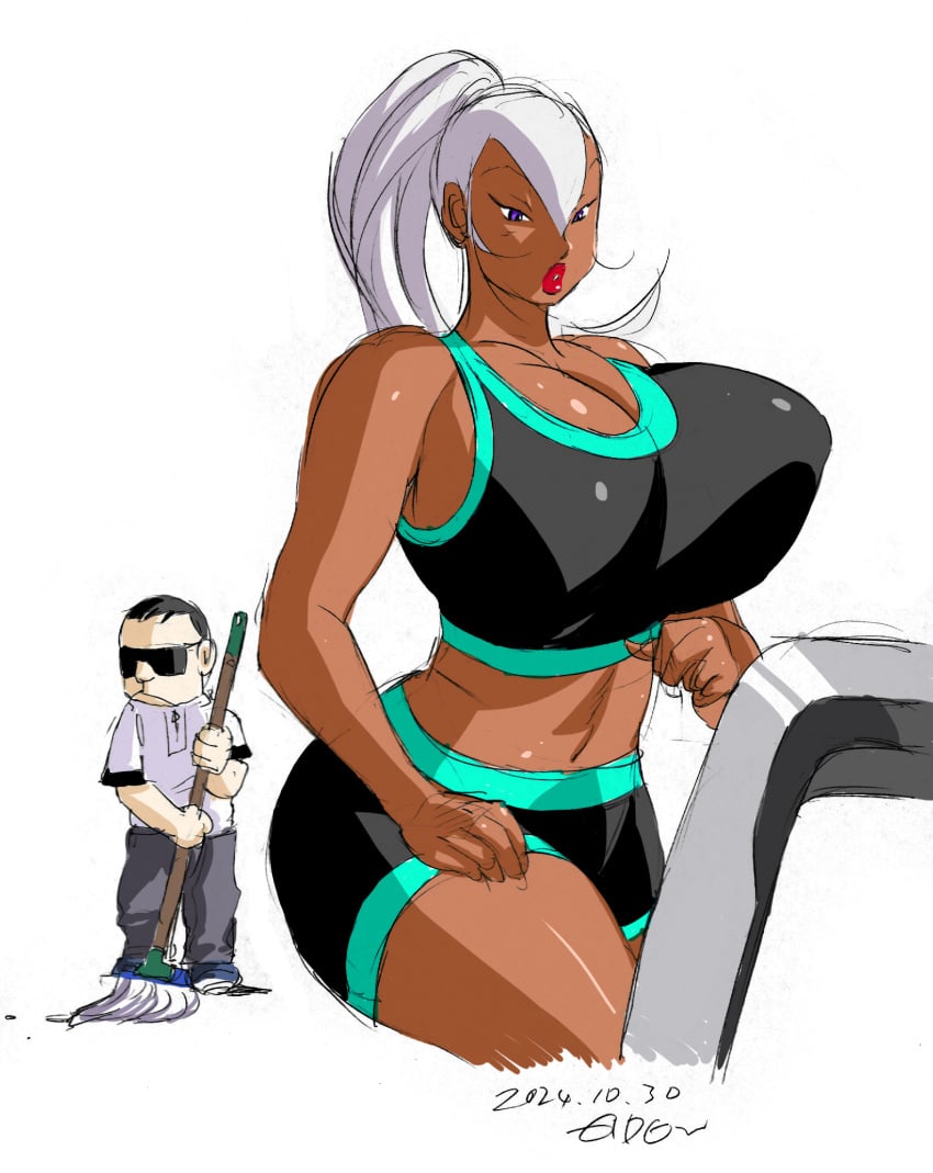 1boy 1boy1girl 1girls asian asian_female big_breasts breasts breasts_bigger_than_head brown_body brown_skin gg_quatre gigantic_breasts gri_gri grinis_quatre_gricom hair hips hourglass_figure huge_ass huge_breasts jogging larger_female light_brown_body sports_bra sportswear treadmill