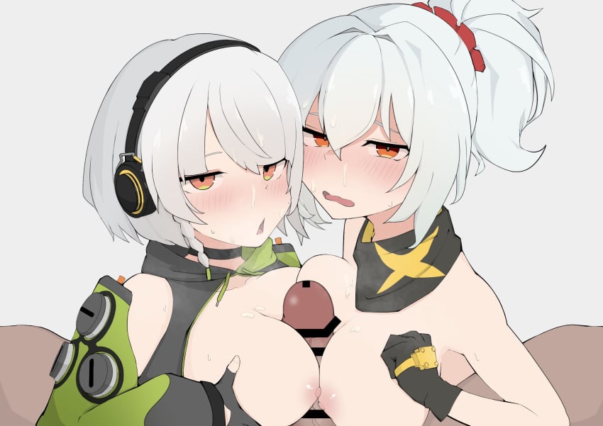 2boys 2girls anby_demara bar_censor black_gloves blush breasts brown_eyes censored cleavage cum cum_on_body facial fingerless_gloves fingernails gloves hair_between_eyes headphones highres long_hair looking_at_viewer medium_breasts multiple_boys multiple_girls nipples open_mouth paizuri penis ponytail quinua short_hair sidelocks soldier_11_(zenless_zone_zero) sweatdrop upper_body variant_set white_hair zenless_zone_zero