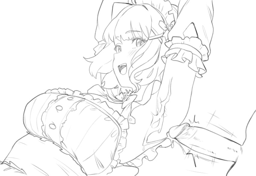 armpit_sex arms_above_head black_and_white clothed_female_nude_male cum cum_on_arm cum_on_armpit eyebrows_visible_through_hair hair_ornament maid maid_headdress maid_outfit mint_fantome no_color pointy_ears sketch smile thernz virtual_youtuber vtuber