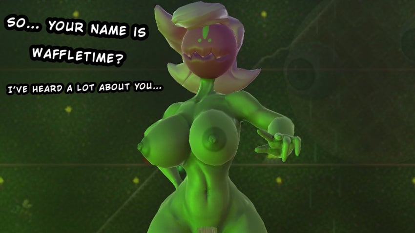 1girls 3d 3d_model anthro anthrofied big_breasts breasts bush content_creator dialogue female female_focus female_only female_pubic_hair front_view full_body green_nipples green_skin hairy hairy_pussy humanized joke looking_at_viewer mature_female meme milf naked naked_female nude nude_female pink_hair pink_pubic_hair plant plant_girl plantera plantera_(vincentbot) plantie pointing pointing_at_viewer posing sharp_teeth short_hair tall_female terraria thick_thighs thighs thin_waist vincentbot waffletime