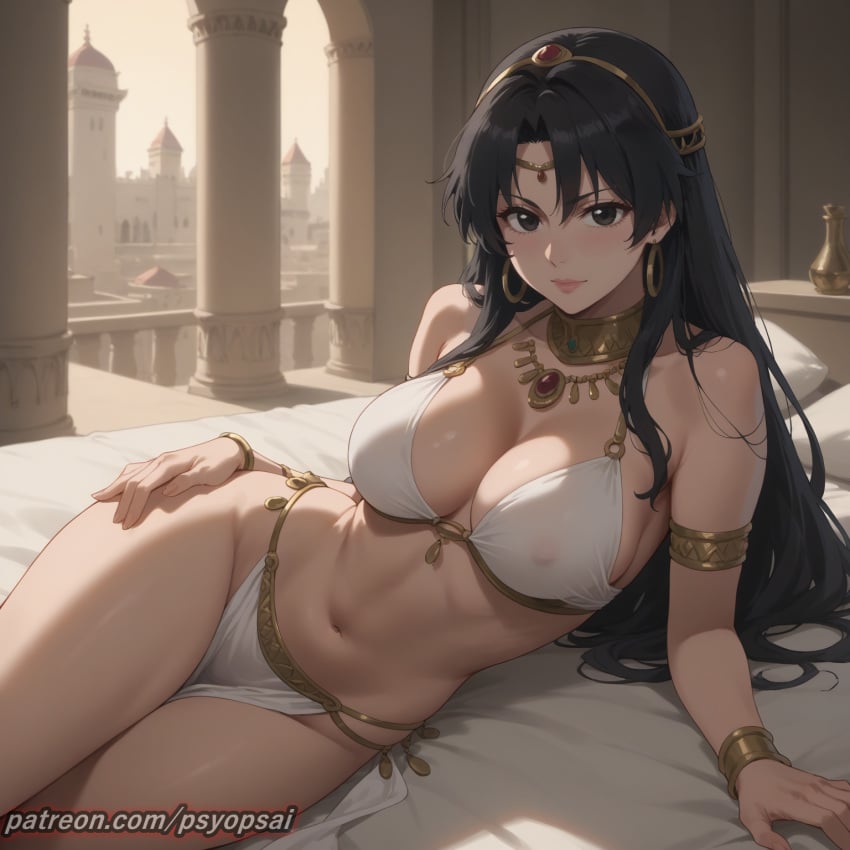 ai_generated arabian_clothes artist_name bambietta_basterbine bed bedroom bleach clothed clothing colored curvy digital_media_(artwork) female female_focus female_only front_view long_hair looking_at_viewer nipples nipples_visible_through_clothing pelvic_curtain psyopsai side_view solo solo_focus watermark