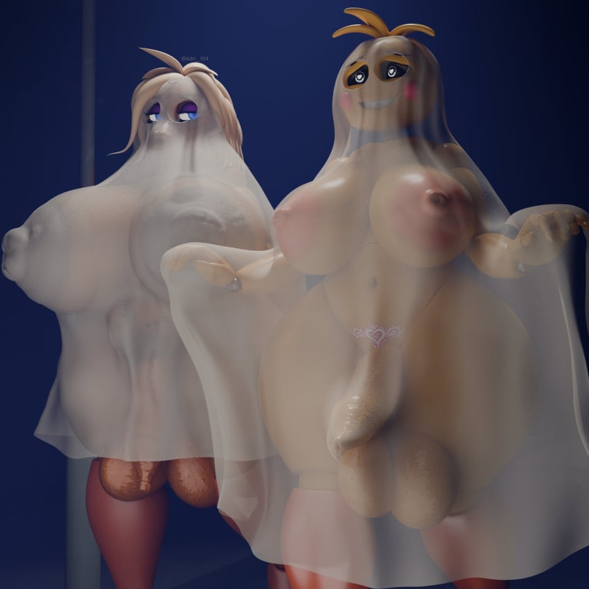 2futas absurd_res adri164 animatronic avian balls bedsheet_ghost big_breasts bird breasts chicken clothing embarrassed five_nights_at_freddy's five_nights_at_freddy's_2 futa_only futa_with_futa futanari galliform gallus_(genus) genitals ghost_costume gilf_toy_chica gynomorph hi_res huge_balls huge_cock looking_at_another lovetaste_chica machine mature_female navel nipple_outline nipples nude open_mouth open_smile penis phasianid pubic_tattoo public public_nudity robot smile solo toy_chica_(fnaf) toy_chica_(love_taste) translucent translucent_clothing translucent_sheet wide_hips womb_tattoo