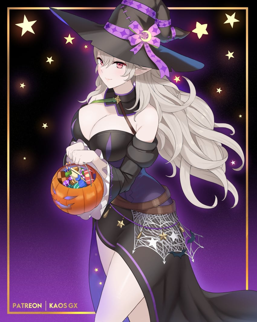 1girls breasts candy cleavage corrin_(female)_(fire_emblem) corrin_(female)_(halloween)_(fire_emblem) corrin_(fire_emblem) corrin_(fire_emblem)_(female) female female_only fire_emblem fire_emblem_fates halloween hi_res kaos_art long_hair nintendo pointy_ears solo thighs very_long_hair white_hair