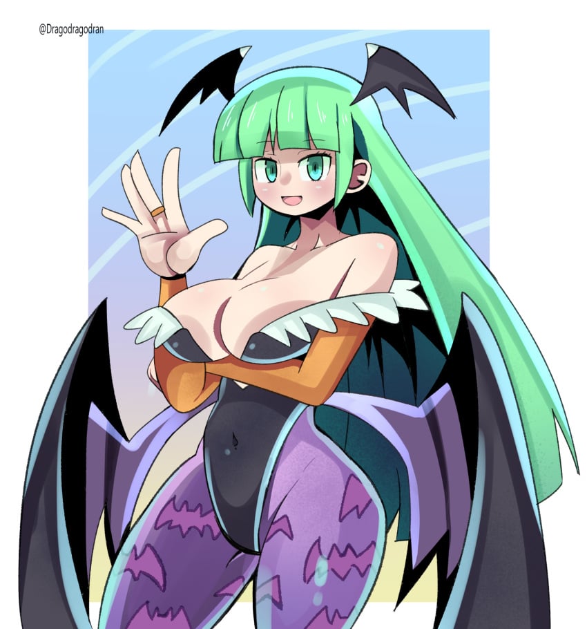 aqua_eyes aqua_hair big_breasts breasts capcom cleavage darkstalkers dorago_dorago dragodragodran female huge_breasts large_breasts long_hair looking_at_viewer milf morrigan_aensland skimpy_clothes smile solo succubus tagme wings