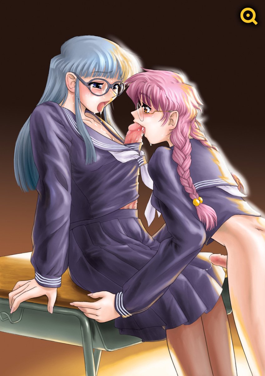 behind_moon blue_hair blush bulge cameltail dulce_report fellatio futa_on_futa futa_sans_balls futa_with_futa futanari futanarization hair high_resolution intersex kiyose_aoi kuroki_momoe oral pantyhose pink_hair q_(artist) rule_63 school_uniform serafuku skirt twin_braids