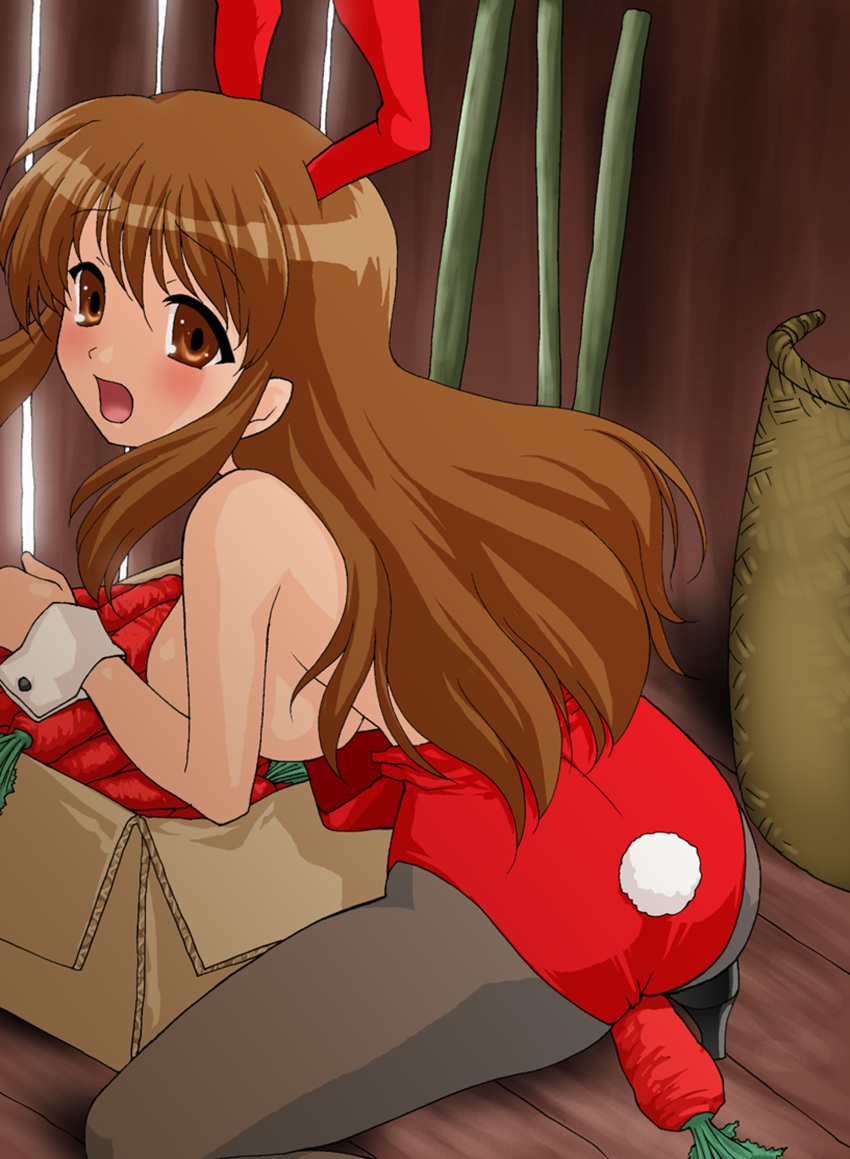 animal_ears asahina_mikuru ass blush breasts bunny_ears bunny_outfit bunnysuit female female_only highres human legs long_hair pantyhose solo suzumiya_haruhi_no_yuuutsu thighs vegetable vegetable_dildo wrist_cuffs