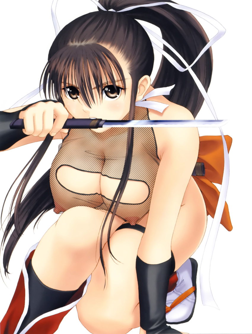 1girls black_hair bow breasts female female_only fishnets hairbow hanging_breasts highres large_breasts mitama_~shinobi~ ninja nipples ponytail ran_(mitama_~shinobi~) solo taka_tony tied_hair