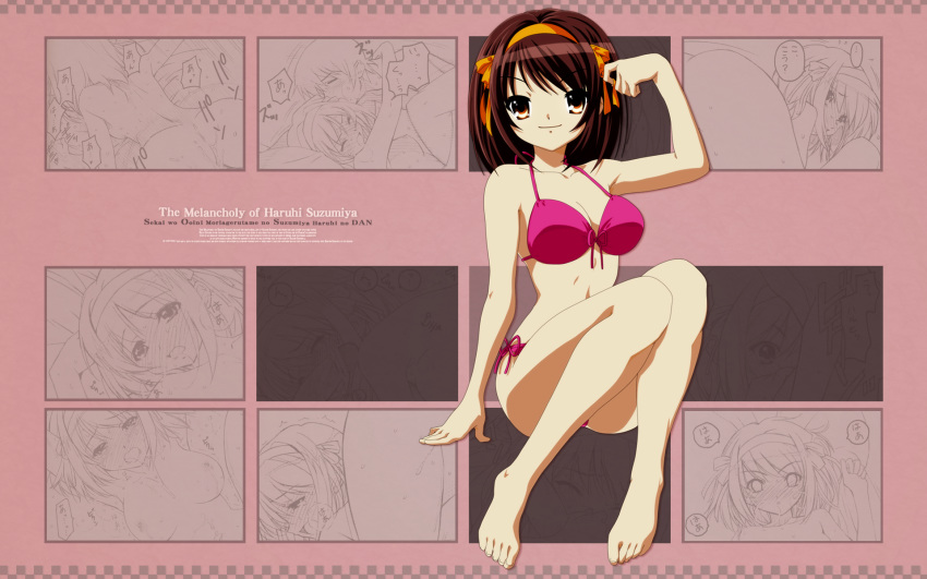 bikini black_hair bra breasts female female_only highres human legs lingerie short_hair smile solo suzumiya_haruhi suzumiya_haruhi_no_yuuutsu swimsuit thighs underwear wallpaper