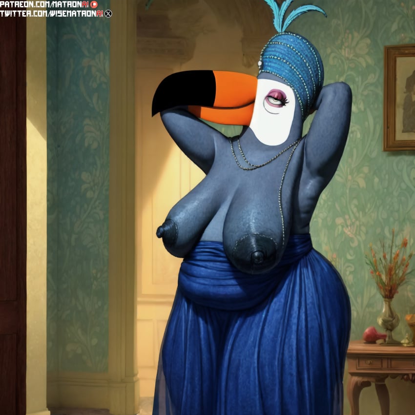 4k ai_generated aunt aunt_tallulah breasts breasts female gilf granny hands_behind_head highres matronai_(artist) mature mature_female mature_woman patreon patreon_username pinup sagging_breasts stable_diffusion toucan tuca_and_bertie twitter_username wide_hips