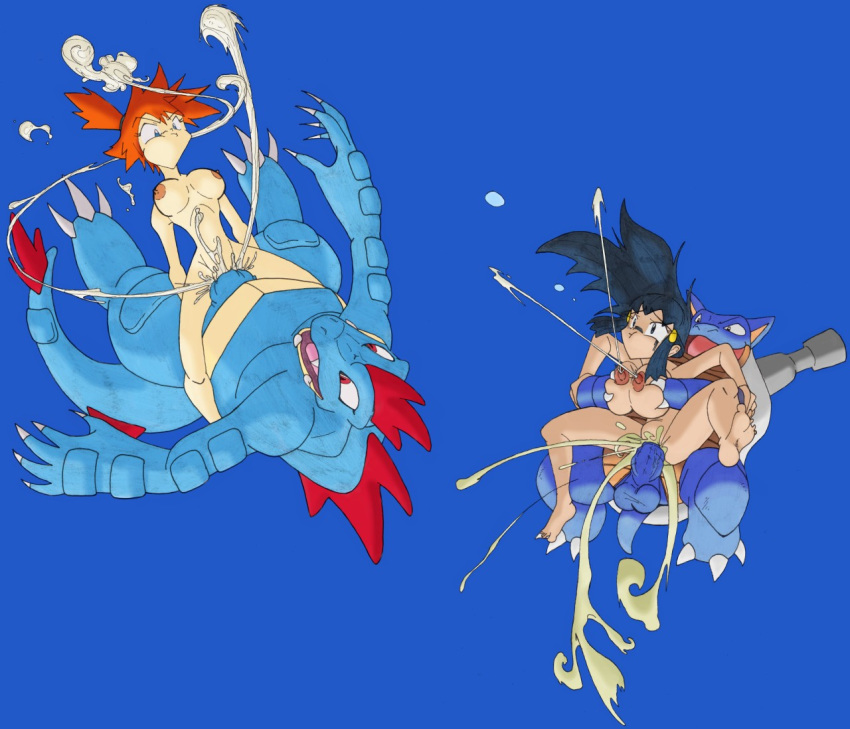 2boys 2girls asphyxiation barefoot blastoise blue_background blue_eyes blue_hair breasts crocodilian cum cum_inside dawn_(pokemon) drowning feet female feraligatr frontierbrain human interspecies kasumi_(pokemon) lactation large_breasts male male_pokemon/female_human medium_breasts multiple_boys multiple_girls nintendo nipples orange_hair pokemon pokemon_(anime) pokemon_(species) pokephilia rape red_hair sex soles stomach_bulge straight straight_hair toes trainer_(artist) turtle underwater vaginal_penetration water