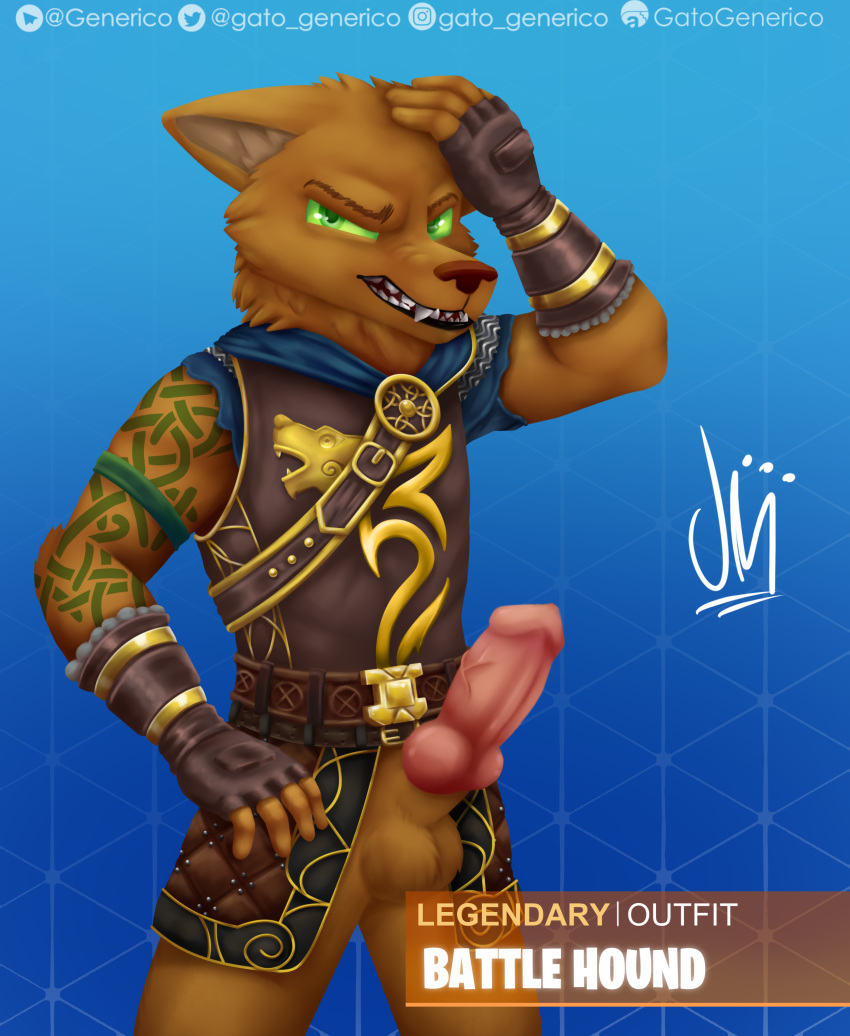 1boy 2019 2019s absurd_res angry animal_genitalia animal_penis anthro canid canine canine_penis clothed clothing digital_media_(artwork) fingerless_gloves furry gloves handwear hi_res looking_at_viewer male male_only mammal penis sheath smile solo video_games