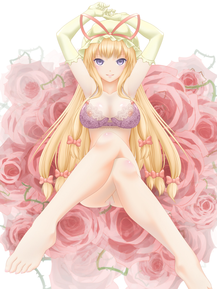 1girls arms_up barefoot blonde_hair bottomless bow bra breasts crossed_legs elbow_gloves feet female flower gloves hairbow hat highres koibumi lace_bra legs legs_crossed lingerie long_hair pink_bra purple_eyes pussy rose sitting solo thorn thorns touhou uncensored underwear underwear_only white_gloves yukari_yakumo