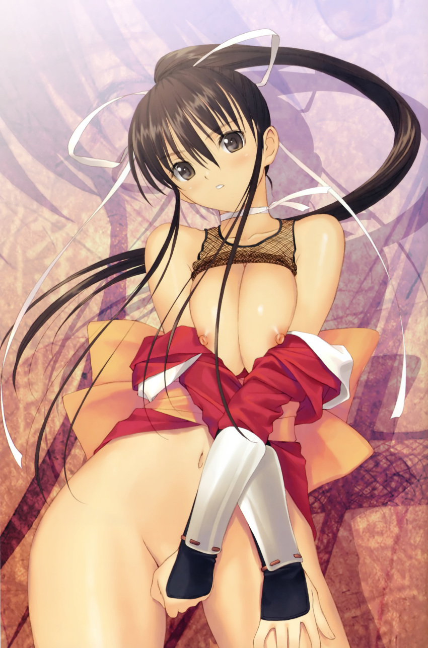 1girls bare_shoulders black_eyes black_hair blush bottomless bow breasts choker cleavage collarbone female female_only fishnets hair_ornament hair_ribbon highres huge_breasts kunoichi large_breasts long_hair mitama_~shinobi~ navel nipples open_mouth ponytail ran_(mitama_~shinobi~) ribbon shirt_lift solo taka_tony tied_hair undressing very_long_hair zoom_layer