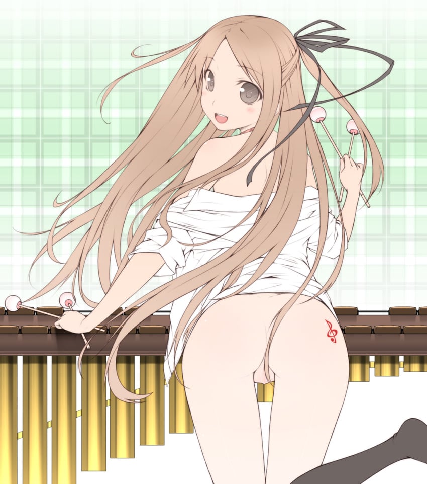 1girls ass bottomless brown_eyes brown_hair censored convenient_censoring highres instrument long_hair looking_back marimba musical_instrument naked_shirt no_panties ooji original solo treble_clef very_long_hair