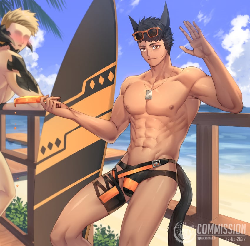 1boy 2boys abs absurdres animal_ears armpits au_ra beach black_hair bulge cat_ears cat_tail eyewear_on_head final_fantasy final_fantasy_xiv food highres ice_cream kurohitsuji_lim looking_at_viewer male male_focus male_only miqo'te multiple_boys muscular muscular_male nipples scar solo sunglasses surfboard swimwear tail underwear