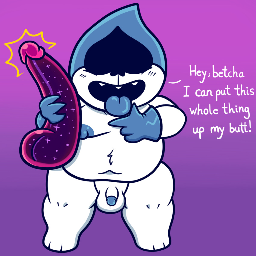 2022 balls belly blue_clothing blue_glans blue_gloves blue_handwear blue_nipples blue_tongue blush chubby clothing darkner deltarune dialogue dildo english_text front_view gay genitals glans gloves gradient_background handwear holding_dildo holding_object holding_sex_toy humanoid humanoid_dildo humanoid_genitalia humanoid_penis lancer_(deltarune) looking_at_viewer male male_only mostly_nude nipples not_furry open_mouth open_smile penis penis_dildo purple_background sex_toy simple_background sinribbons small_penis smile solo solo_male spades_(suit) standing suit_symbol talking_to_viewer teeth text tiny_penis tongue tongue_out undertale_(series) white_balls white_body white_penis