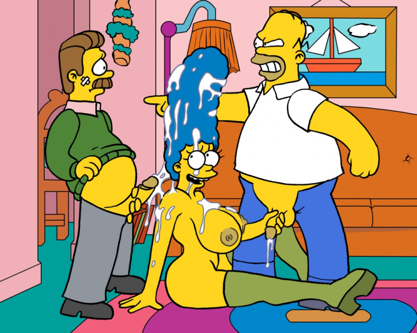 after_sex blue_hair breasts clothes color cum female hair homer_simpson human indoors male marge_simpson multiple_males ned_flanders nipples side_view sitting standing straight tagme the_simpsons yellow_skin