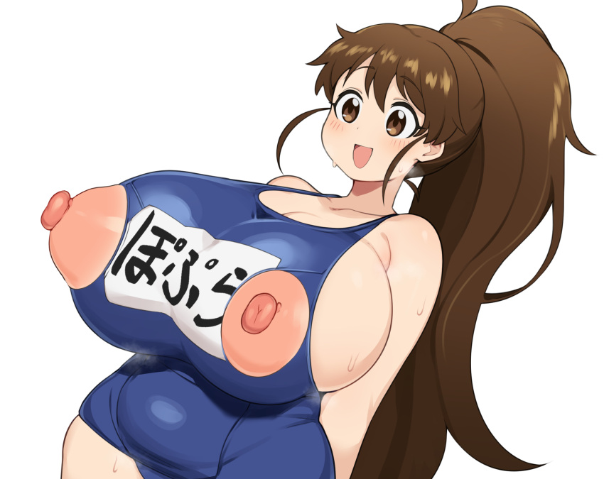 1girls absurd_res areolae belly big_breasts big_nipples blush breasts brown_hair cham22 chubby chubby_female curvy_figure female happy high_resolution huge_breasts light-skinned_female light_skin nipples ponytail swimsuit taneshima_popura voluptuous working!!