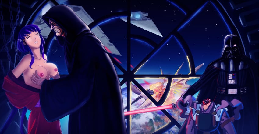 1girls 3boys ayeka_masaki_jurai breast_grab breasts cloak closed_eyes crossover darth_vader death death_star decapitation emperor's_throne_room emperor_palpatine female groping high_resolution lightsaber long_hair multiple_boys old_man space_craft star_destroyer star_wars tempro tenchi_masaki tenchi_muyo! weapon window