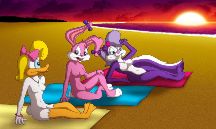 anthro babs_bunny duck female female_only fifi_la_fume fur furry mammal multiple_females purple_fur rabbit shirley_the_loon skunk soft_feathers tagme tiny_toon_adventures uncensored