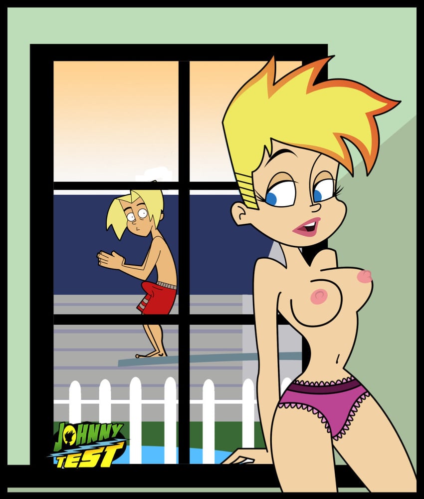 beige_skin blonde_hair blue_eyes canon_genderswap cartoon_network erection_under_clothes female genderswap gil_nexdor jab jenny_test johnny_test johnny_test_(series) lipstick male no_bra panties puberty rule_63 swimming_trunks topless