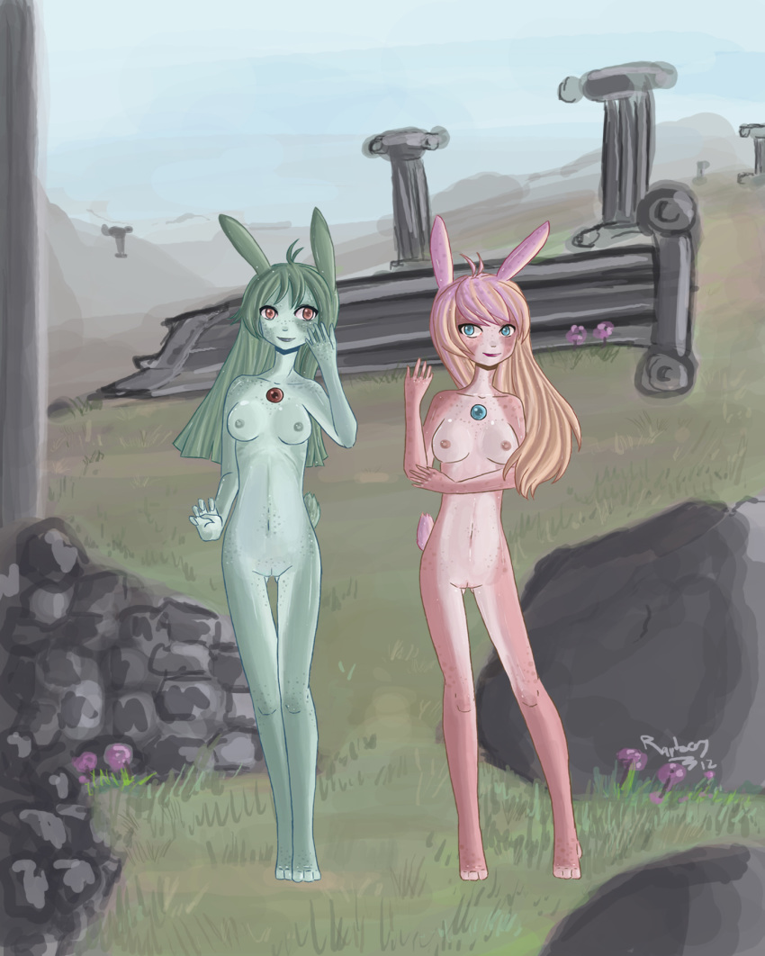 2012 animal_ears anthro blue_eyes blue_fur blue_hair blue_nipples breasts duo female flower fur gem grass hair hi_res lagomorph long_hair looking_at_viewer mammal mint navel nipples nude pink_fur pink_hair plant pussy rabbit raptor007 red_eyes rock sky smile white_fur