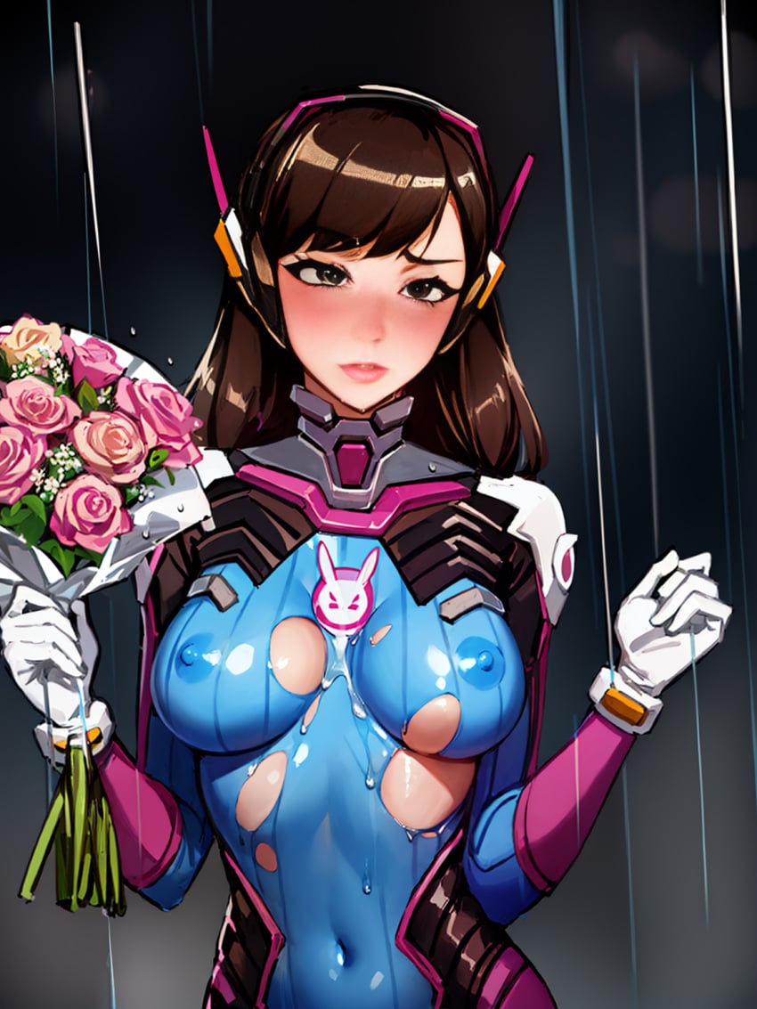 ai_generated blush bodysuit boquet bouquet brown_hair d.va damaged_clothes female female_only flowers holding_flowers holding_object long_hair longjohnsingleduct medium_breasts overwatch overwatch_2 rain raining skin_tight skindentation skintight solo solo_female solo_focus standing tight_clothing torn_bodysuit torn_clothes torn_clothing white_gloves